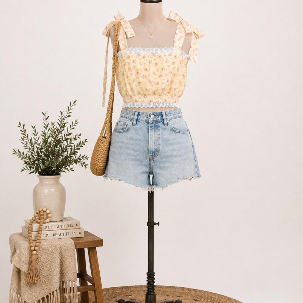 Peach Love California Yellow Floral Eyelet Lace Tie Strap Crop Top Women's M NWT